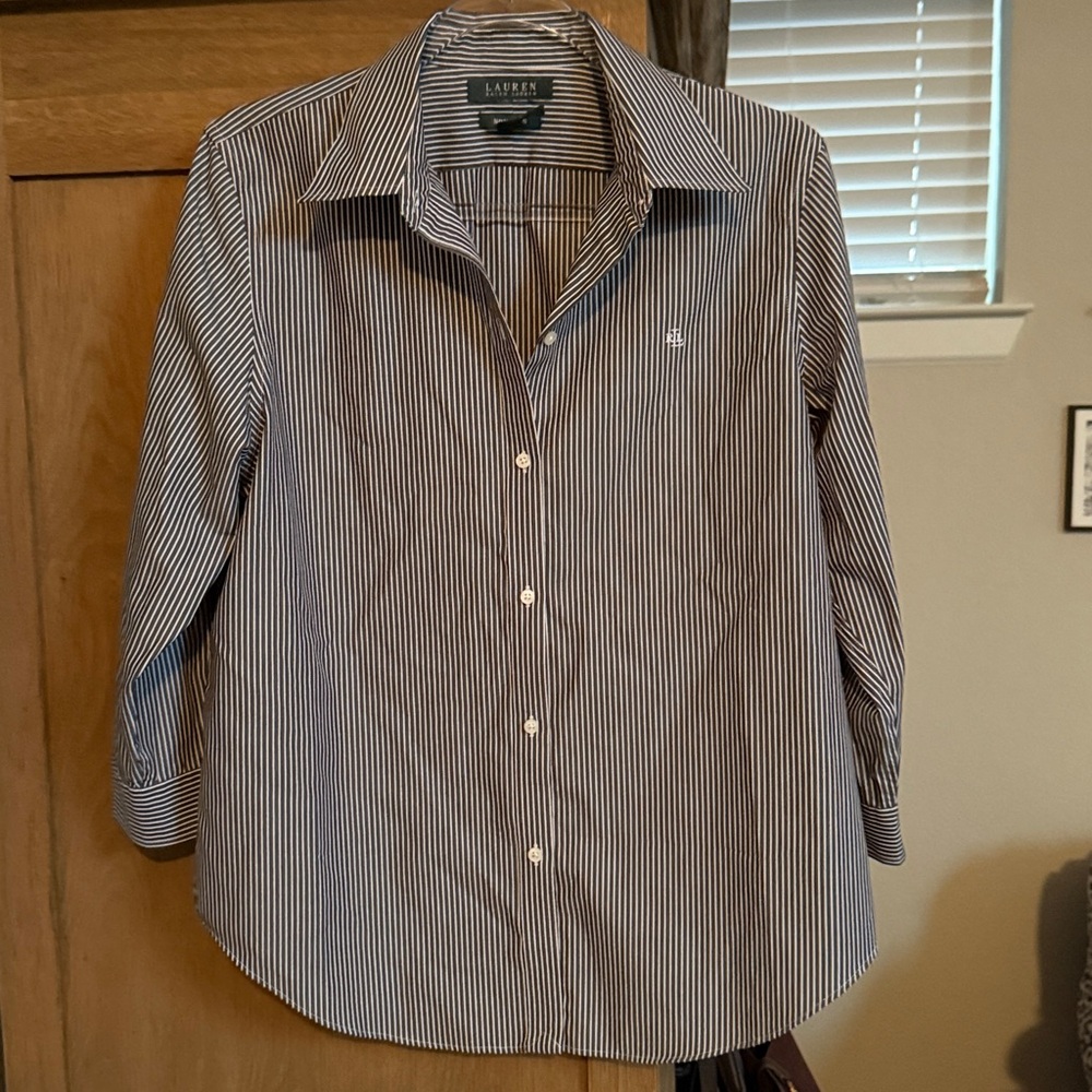 Lauren Ralph Lauren 💯 cotton grey white striped button down suit blouse preppy L